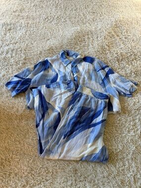 H&M Light Blue & White Linen Blend 2 piece Set